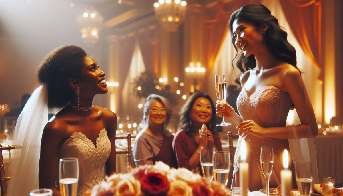 Bridesmaid giving a speech at a wedding reception with champagne glass raised